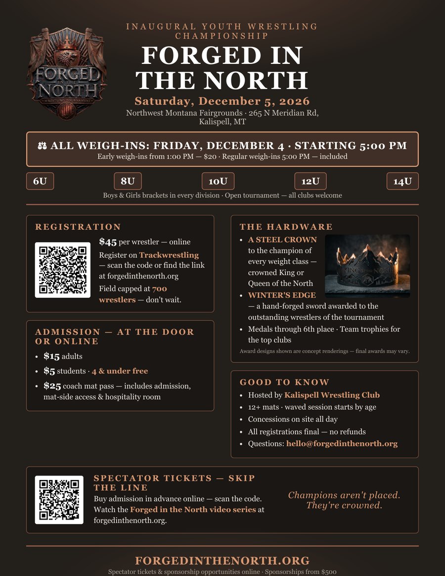Forged in the North tournament flyer — Saturday, December 5, 2026, Northwest Montana Fairgrounds, Kalispell. All weigh-ins Friday, December 4: early 1 PM ($20), regular 5 PM.